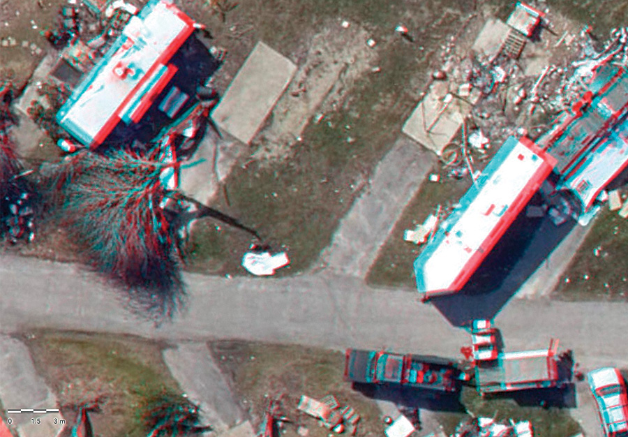 With stereo orthoimagery, which is viewed with 3D glasses, users got a better idea of where the storm knocked down trees or winds ripped the roofs off houses. (Imagery courtesy of Vexcel Imaging.)