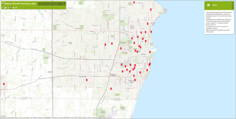 The red symbols show where foreclosed properties are for sale. Users who click on a symbol will see the address of the foreclosed property and the time and date of the upcoming sale.