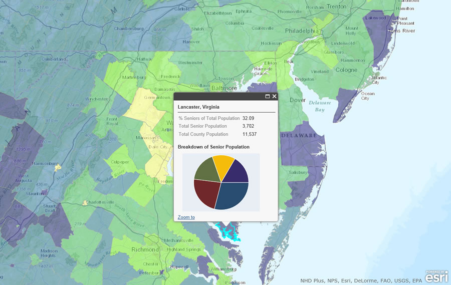 Government agencies and businesses can map Esri data to see where high percentages of senior citizens live such as in Lancaster County, Virginia.