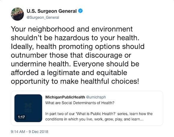 Surgeon General's tweet on health and location