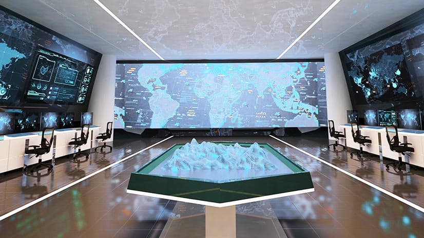 A futuristic view of a corporate security center with holograms, digital maps