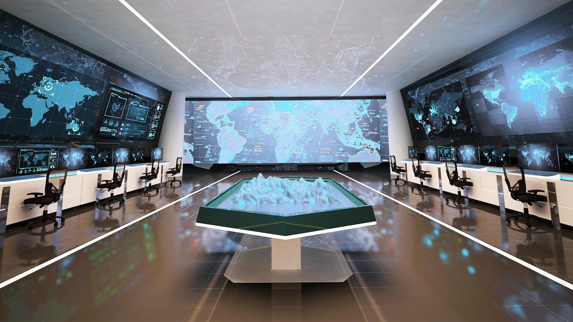 A corporate security center featuring digital maps on the walls
