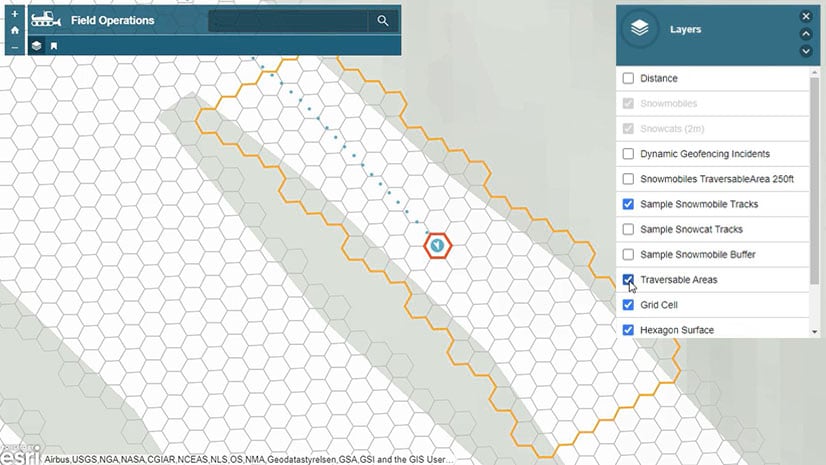 A real-time mapping illustration showing hexagons laid over a trail map
