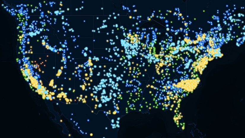 A map of the United States with blue and yellow dots--dummy data to symbolize internet access