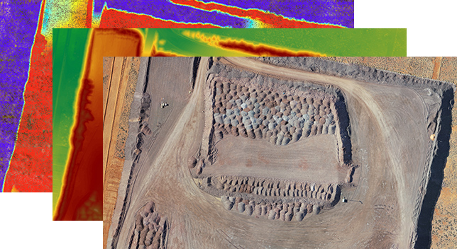 発掘現場のさまざまな解析ビューを示す、積み重ねられた 3 つの画像
