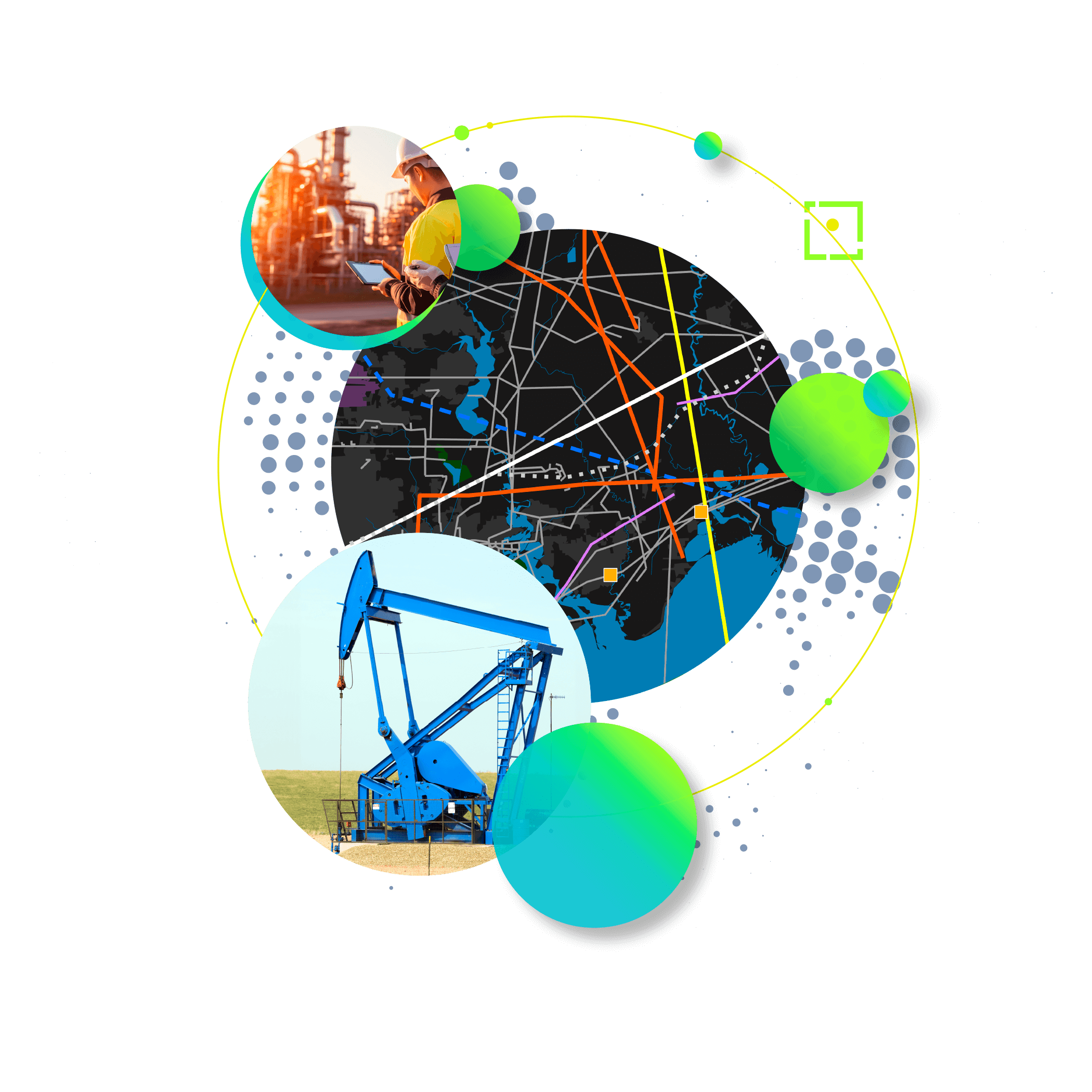 Circular images of a mobile worker at an oil refinery, a blue oil well, and a map of varying pipelines and energy infrastructure