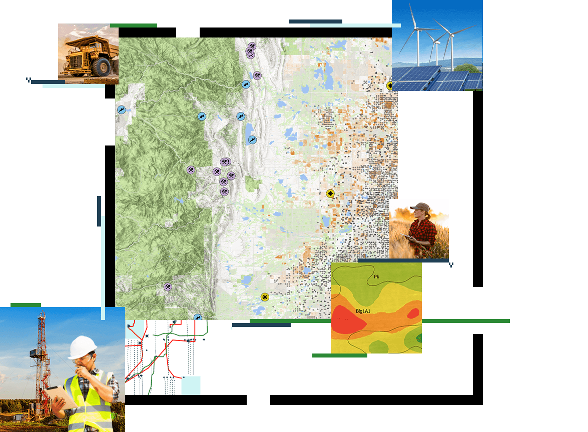Topographic map, person standing in tall grass, person wearing a hard hat, windmill and solar panels, and a truck