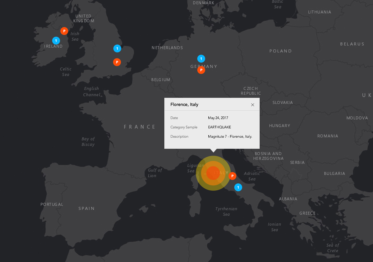 Map of Europe with concentric orange circles on Florence, Italy and data about an earthquake there