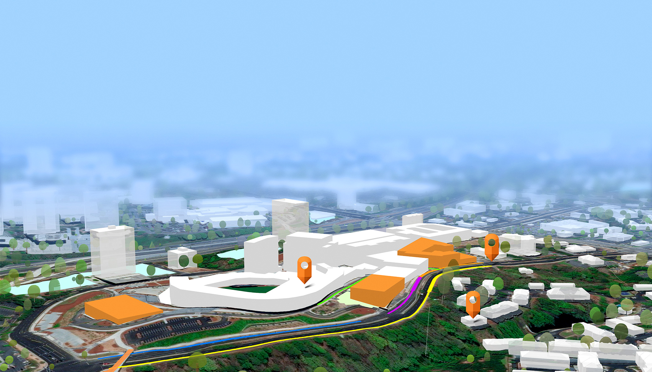 Um design 3D de uma cidade com o plano de fundo desfocado e o primeiro plano mostrando edifícios brancos e laranja e três ícones de pinos de navegação laranja